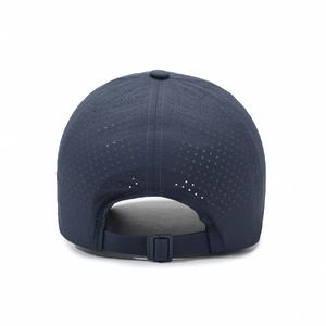 Navy blue breathable baseball cap back view with laser-cut holes and adjustable strap buckle
