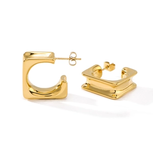 Minimalist 18k gold plated stainless steel square C-shaped stud earrings for women