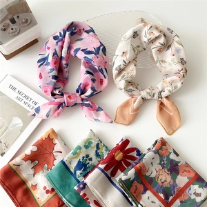 Assorted cotton linen small square scarves with elegant floral prints and soft texture