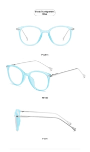 Three-angle view of transparent blue cat-eye glasses with slim silver metal temples