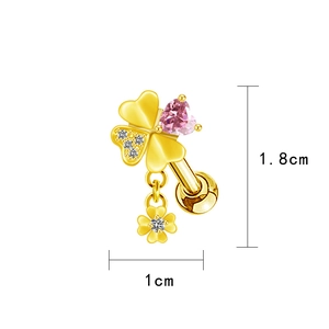 Detail view showing dimensions of pink clover and heart zircon stud earring in gold