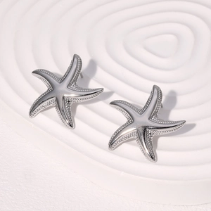 Polished stainless steel starfish stud earrings in silver for ocean beach resort style