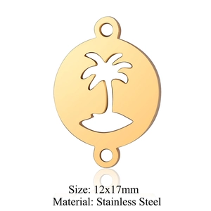 Detail of 12x17mm gold stainless steel palm tree pendant with connectors for DIY jewelry