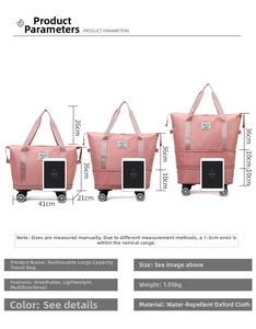 Size chart showing multi-layer expandable capacity and dimensions of oxford travel bag