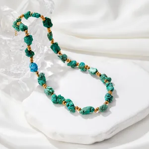 Vintage Stainless Steel Bead Necklace For Women Retro Artificial Turquoise Lapis Lazuli Hamsa Hand Pendant Jewelry