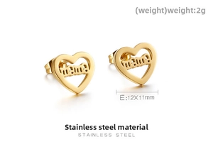 Detailed view of gold stainless steel mama heart earrings showing 12x11mm dimensions