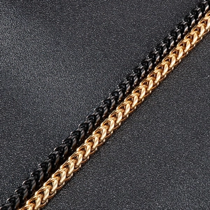 Macro detail of gold and black woven titanium steel chain links on dark leather surface