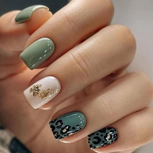 Faux Ongles Imprimé Léopard Vert Avec Feuilles D Or Résine Carrés Ongles Brillants Pour Femmes Mode