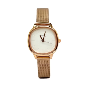 Elegant rose gold square women's quartz watch with mesh strap and white dial by NAIDU