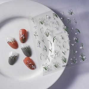 5D embossed Snowdrop nail art stickers with white flowers and green stems FEB-517