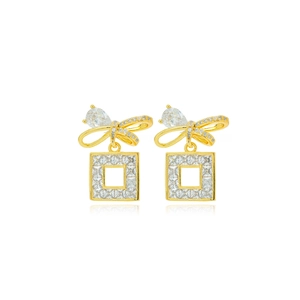 Elegant gold bow earrings with square zircon pendant on a clean white background
