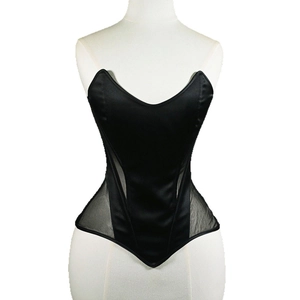 Black victorian satin and mesh corset top with boning detail shown on mannequin