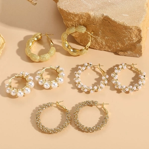 Hoop Earrings 14K Gold Plated Copper Geometric With ABS Artificial Pearl And Zircon Fashion Elegant Jewelry For Women