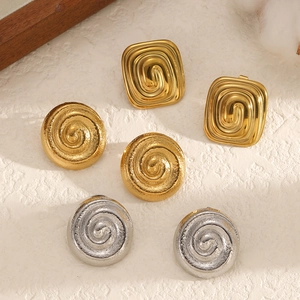Geometric Stud Earrings Stainless Steel 18K Gold Plated Spiral Hammered Texture Round Square Minimalist Ins Fashion For Women