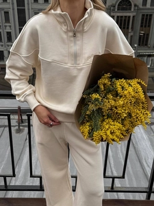 Women's beige half-zip sweatshirt and high waist wide leg pants two-piece lounge set
