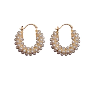 Elegant gold-tone hoop earrings encrusted with rows of white pearls in a retro French style