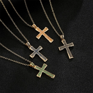 Gold-plated 18K necklaces with colorful zircon cross pendants on black background