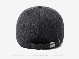 Rear view of dark grey textured baseball cap with adjustable metal buckle for men