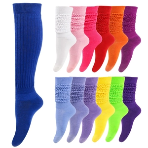 Thick knit slouch socks for women in multiple vibrant colors on white background