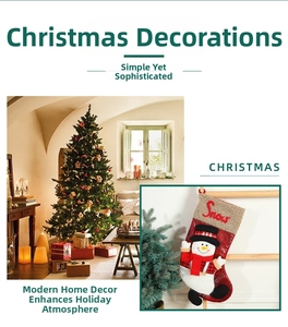 Detailed view of red Christmas stocking with Snow embroidery and 3D snowman figurine decoration