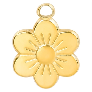 Detailed view of polished 18k gold plated six-petal flower pendant with a central ring