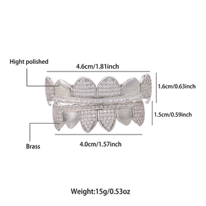 Hip hop style silver brass grillz set with sparkling diamonds and product dimensions