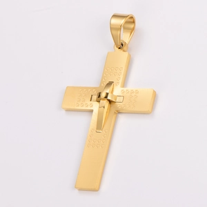 Detailed close-up of a gold stainless steel cross pendant with textured layered design