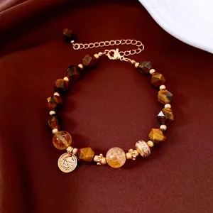 Bracciale a cuore in occhio di tigre placcato oro 18k con ciondolo moneta retrò