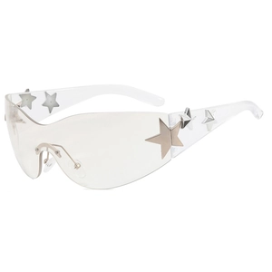 Y2K star sunglasses with transparent wrap-around frame and silver metallic star accents