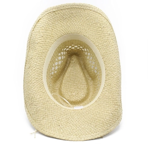 Internal detail of a woven cowboy straw hat showing inner sweatband and hollow pattern