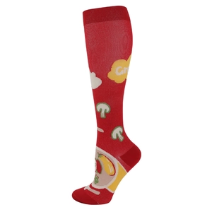 Detail of red compression sports sock with mushroom and cloud knit patterns