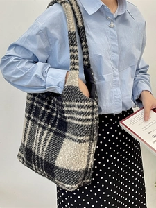 Chic black and white checkered plush tote bag with wide strap for autumn winter
