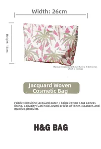 Detail of jacquard makeup bag with palm tree pattern showing 26cm width and 18cm height