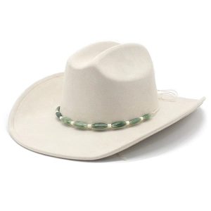 Classic beige suede western cowboy hat with ethnic style beaded band and rolled brim
