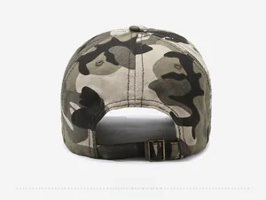 Rear view of camouflage baseball cap with adjustable metal buckle and cotton twill fabric
