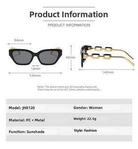 Detailed size chart for cat eye sunglasses with frame and lens measurements in millimeters