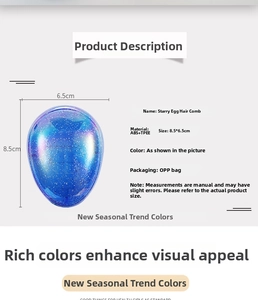 Detailed specs of Starry Egg Hairbrush in ABS and TPEE material measuring 8.5x6.5cm