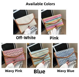 Envelope straw clutch collection with color stripes and leather trim detail