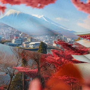 Detail shot of Mount Fuji tapestry showing premium twill texture and autumn leaves