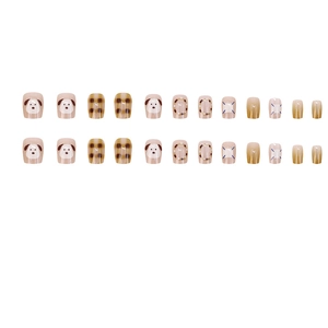 Cute cappuccino brown dog and checkered pattern 24pcs press-on nails set for women