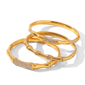 Three-piece 18K gold plated stainless steel bamboo bracelets with micro-pave crystals