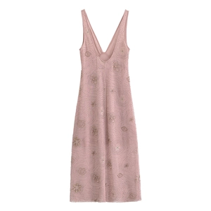 Women V Neck Sequin Mesh Midi Dress Sleeveless Floral Bead Embroidery Party Evening Occasion Elegant Pink Mauve