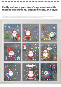 Detail showing Santa Claus and Christmas tree window stickers with festive snowflake patterns