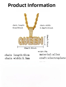 Detailed size specifications for the gold-plated Queen letter pendant necklace and chain