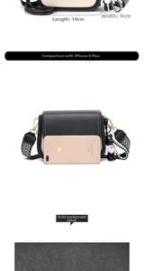 Detailed dimensions of black and white crossbody bag compared to a smartphone