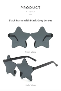 Detail view of star-shaped rimless sunglasses with black temples and dark grey lenses