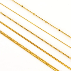 Detail view of various 18K gold-plated stainless steel chains with polished metal textures
