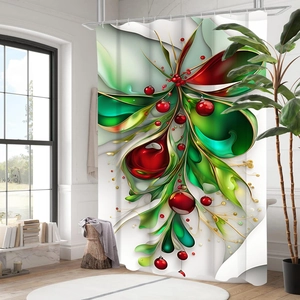 Detail of waterproof Christmas shower curtain with red and green floral festive patterns