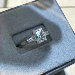 Elegant 2 carat emerald cut moissanite three-stone ring in S925 sterling silver