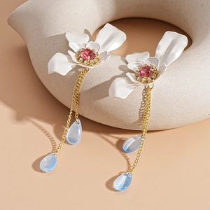 Sparkling crystal flower earrings with pink gemstone and blue waterdrop tassels